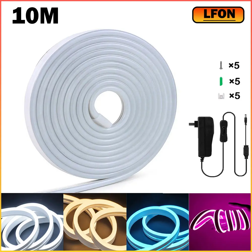 Neon Led Strip Lights 32.8ft /10m White/Warm White /ICE Blue/Pink Waterproof IP65 Flexible LED Light Strip Led Lights for Bedroom, Indoor & Outdoor, Power Adapter Included
