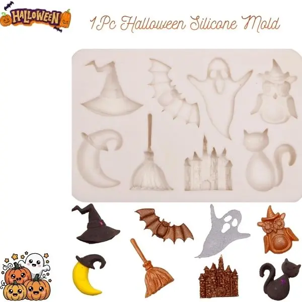 Halloween Silicone Baking Mold for Chocolate & Fondant - Fantasy Shapes Spooky Icons (Witch Hat, Moon, Fairy Castle, Ghost, Bat, Cat, Owl) - Cake Decoration, Cupcake Toppers Supplies for Diy Crafting