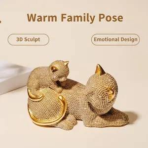Elegant Crystal Parent-Child Cat Sculpture, Sparkling Gold Silver Color Crystals, Luxury Home Decor, High-Quality Luxurious Decoration