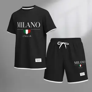 Men's Milano Graphic T-Shirt and Shorts Set, Minimalist Letter Print Summer Two Piece Outfit, Lightweight Breathable Casual Streetwear, Comfortable Relaxed Fit Travel Daily Wear