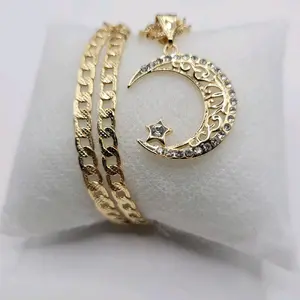 Elegant Moon & Star Clear Stones Necklace Laminated Gold Cuban Link Style 18 Inches 4mm wide Teenagers Size Unisex Jewelry