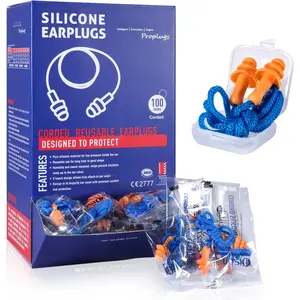 100Pairs Silicone Ear Plugs, 32dB Corded Reusable Earplugs for Hearing Protection, Noise Reduction for Shooting Range, Work, Travel