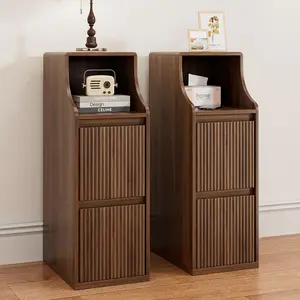 Fluted Narrow Nightstand Set of 2, Skinny Bedside Table with 2 Drawers, Wooden Small Vintage Side Table, Mid Century Modern Night Stand, Slim End Table for Bedroom, Walnut, Brown