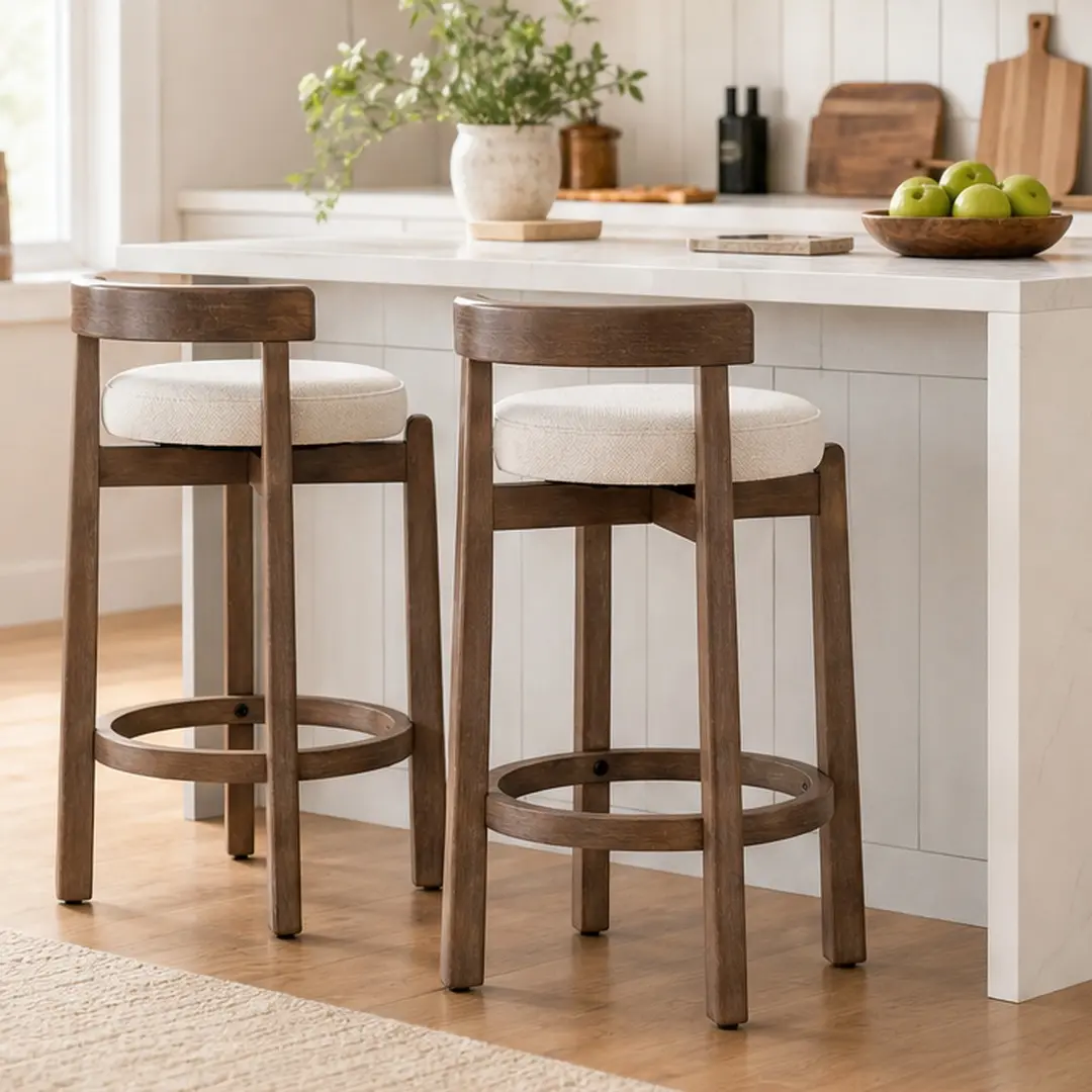 Set of 2 Swivel Counter Stools Mid-Century Modern Bar Stools with Back 26 Inch Seat Height Solid Rubberwood Frame Linen Upholstered Bar Chairs with Footrest for Kitchen Island Beige/Black Options, Beige/Black Color Options, Linen Material