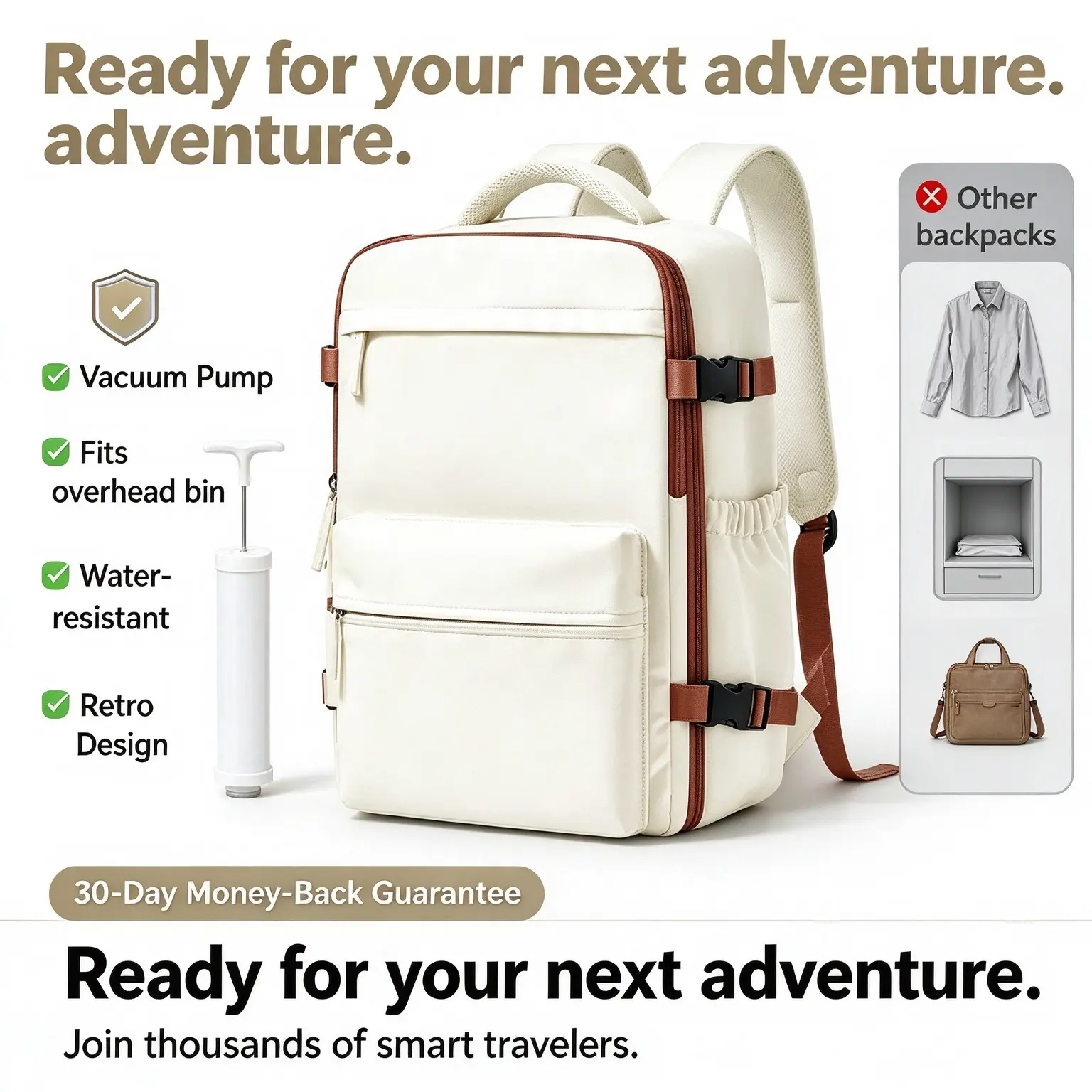 Vacuum Compression Carry On Backpack with Manual Pump, Retro Cream Travel Laptop Backpack, Water Resistant TSA Friendly Space Saving Backpack for Men Women Campus Hiking Business Trip