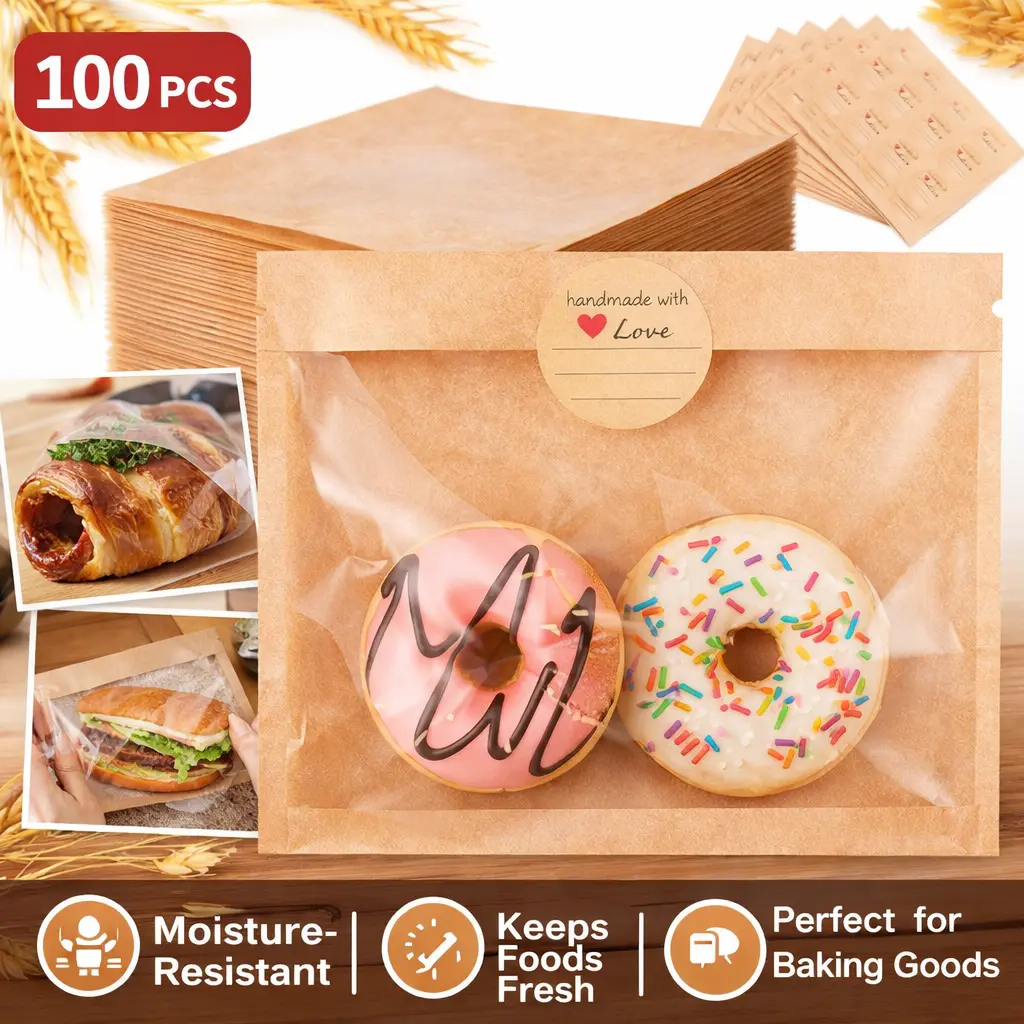100-Pack Kraft Paper Cookie Bags with Window View & Logo Space - 7.1x7.5 in Greaseproof Heat-Sealable Bakery Sleeves for Bread, Donut, Gift Giving - Mid-Year Sale, Add Logos