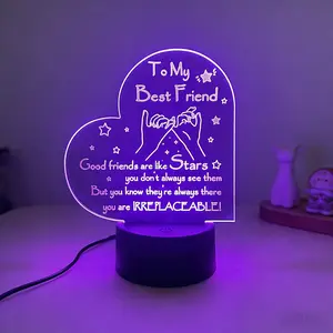 Warm Heart Shaped Best Friend 3D Night Light, USB Powered Dimmable LED Lamp, Sentimental Friendship Gift for Bedroom & Desk Decor