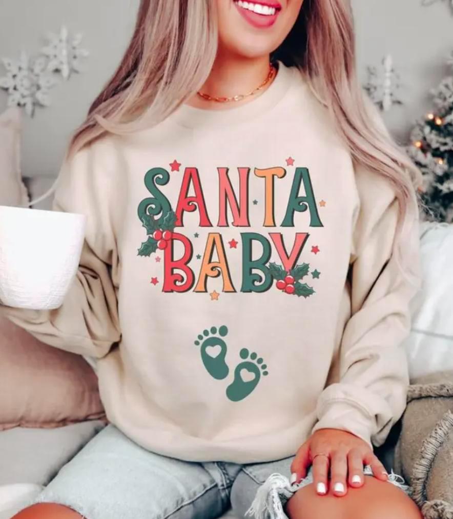 Santa Baby Christmas TShirt – Sweatshirt – Hoodie, Baby Reveal Shirt, Maternity Christmas Shirt, Pregnancy Announcement Tee, Gift For Expecting Moms