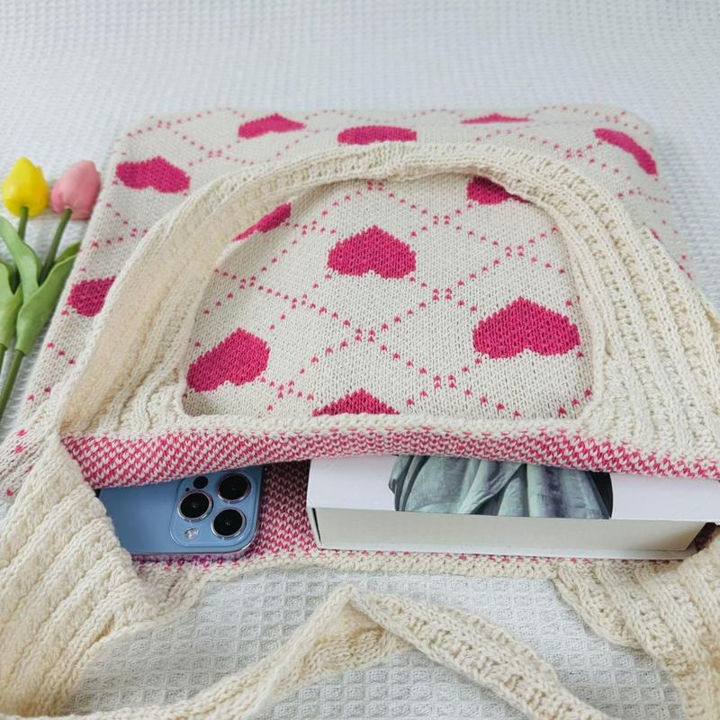 Heart Crochet Tote Bag Cute Valentines Day Gift for Women Adorable Purse with Keychain Cutecore Aesthetic Y2K Style Handbag Perfect Present