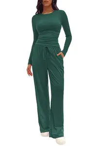 Two-Piece / Six-Piece Set Women's Loungewear Simple Solid Ruched Tee & Drawstring Pocket Pants Lounge Set, Casual Long Sleeve T-shirt & Elastic Waist Trousers, Ladies Sleepwear for All Seasons