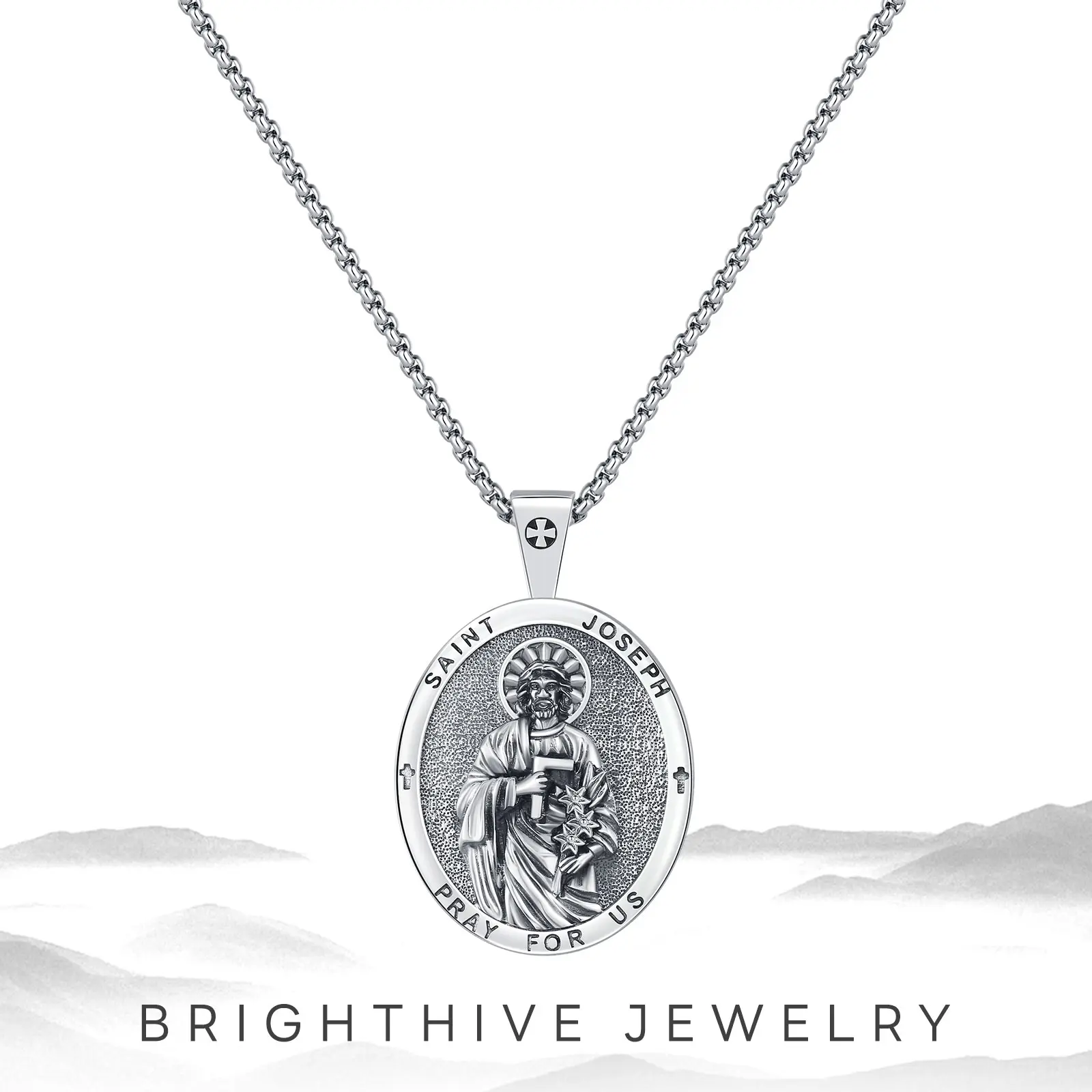 Brighthive 925 Sterling Silver Saint Joseph Medal Pendant Necklace - Unisex Auspicious Religious Jewelry, Birthday & Anniversary Gift for Adults, All-Seasons Silver Accessory