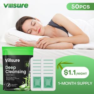 Villsure Deep Cleansing Foot Pads Foot Care With 50 Patches,Natural Aloes,Sea salt,Tourmaline,Herbal Foot Detox Patches For Foot Care,Adhesive Sheets, lmprove Sleep Quality,Relieve Fatigue and Exhaustion,Cleanse the Body & Mind,Bamboo Detox