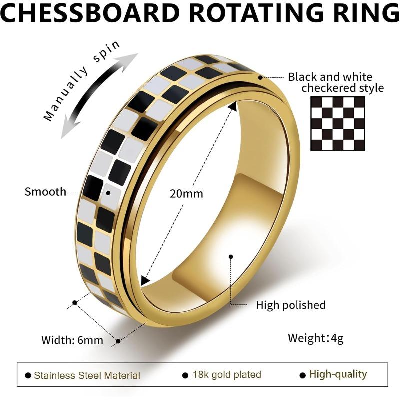 Checkered Spinner Ring for Adults, 18K Gold Plated Stainless Steel Rotating Band Jewelry, Black and White Pattern Unisex Ring