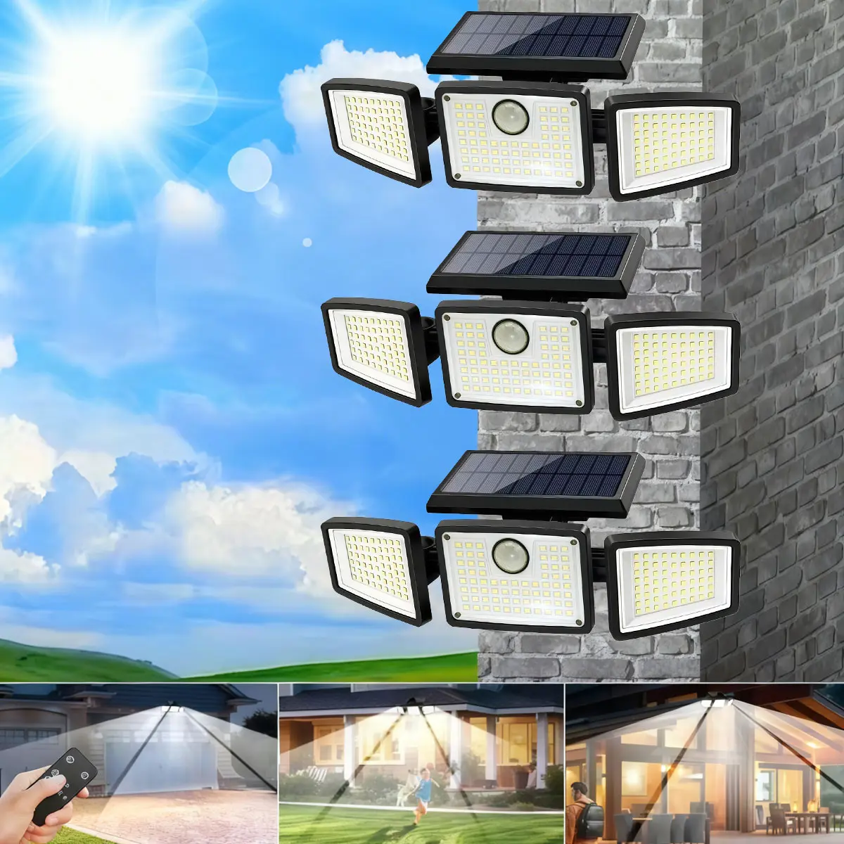 2-Pack 3-Head Solar Outdoor LED Security Lights, 2500LM Motion Sensor Spotlights, 270° Wide-Angle, IP65 Waterproof for Garage, LED Solar Outdoor Fixtures, Led Lights, Solar Outdoor Lights
