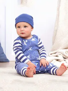 Newborn Baby Boys Girls Long Sleeve Romper Set, Fun Airplane Cartoon Print, Includes Bodysuit Pants Hat, Two-Piece, Stripes Print Bodysuit