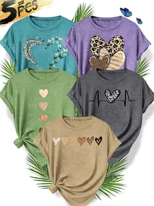 5Pcs Women's Crew Neck T-Shirts, Leopard Print Heart Series Print, Multiple Colors Available, Machine Washable, Spring & Summer Tops, Soft Skin-Friendly Fabric, Daily Versatile, Casual Fashion Design
