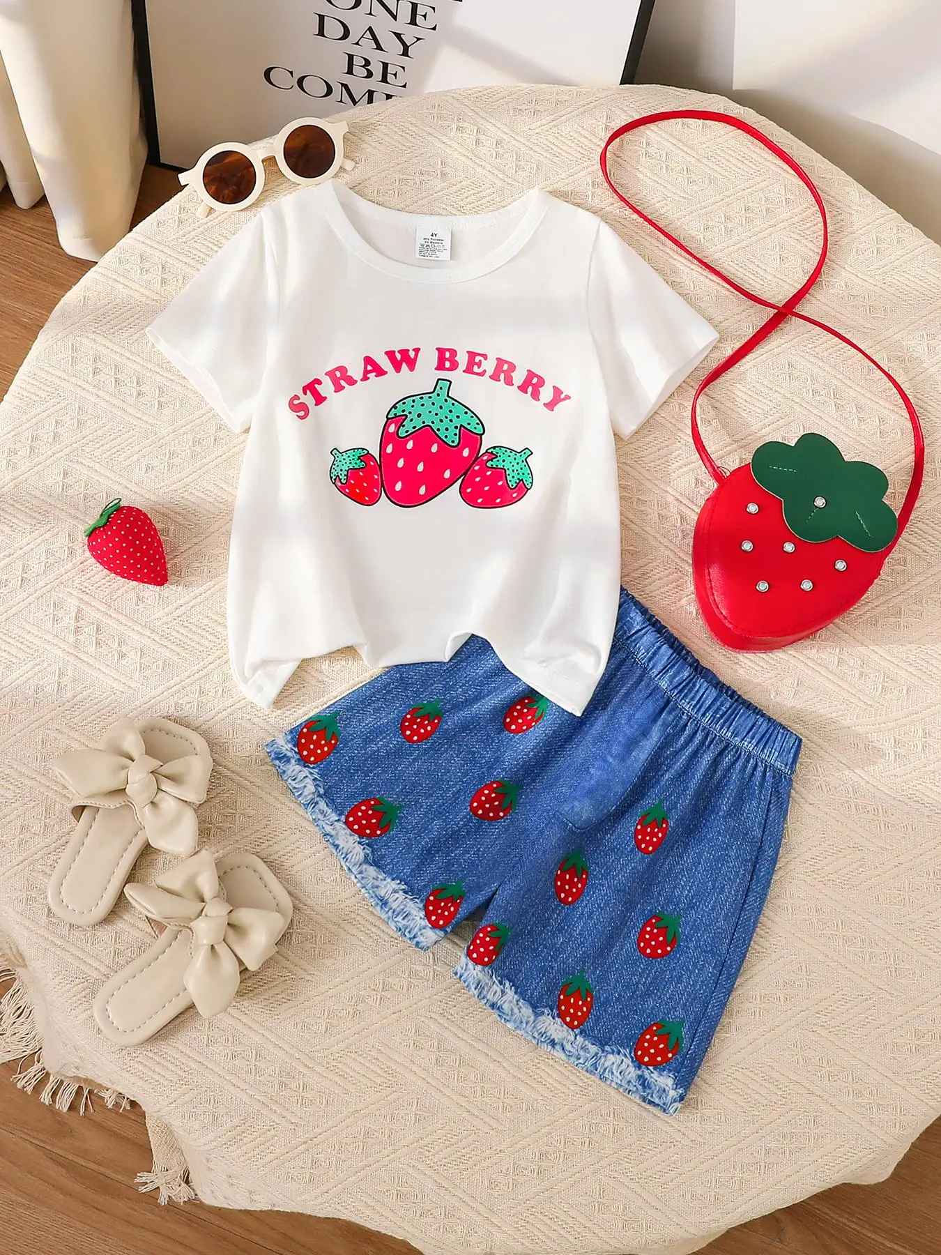 Girl's Strawberry Print Short Sleeve Tee & Denim-effect Print Skirt & Crossbody Bag Set, Cute Casual Outfits for Summer, Kids Clothes for Daily Wear,