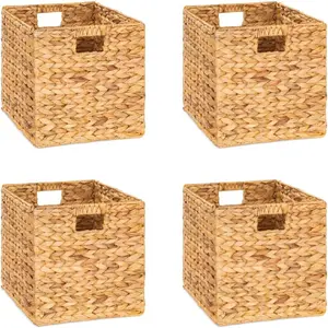 Water Hyacinth Storage Baskets, Collapsible Wicker Cube Storage Bins (9”x9”x9”), Foldable Natural Baskets with Handles for Shelves & IKEA Kallax – Set of 2 / 4