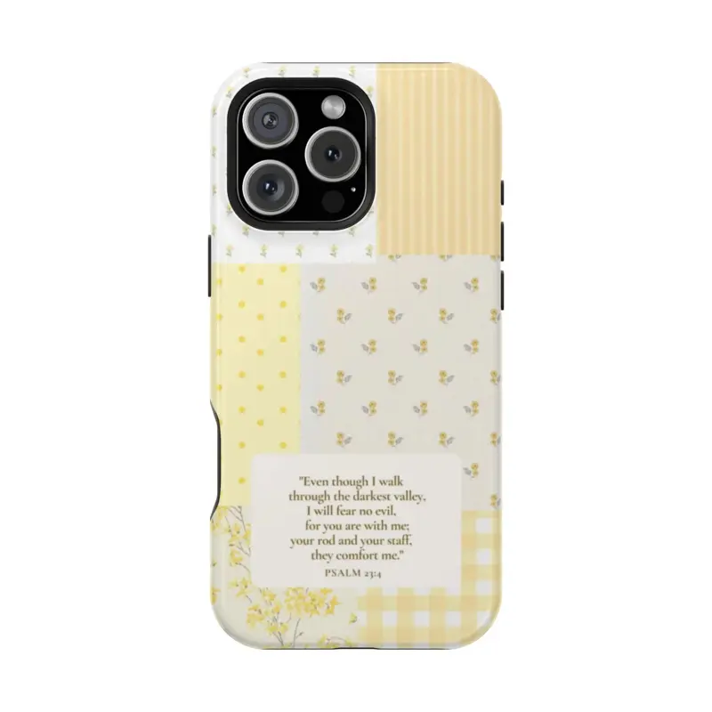 Christian Patchwork Phone Case – Psalm 23:4 Bible Verse |   Yellow Cottagecore Aesthetic Cover for iPhone Samsung |   Soft Faith Quilt Style |   Cover for IPhone 17 16 15 14 13 12 11 X Max ProMax Air Samsung galaxy, Gift for her