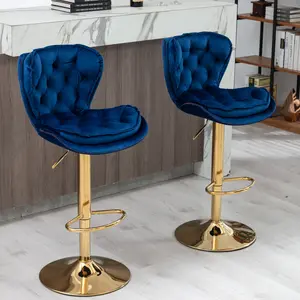 Set of 2 Bar Stools,with Chrome Footrest and Base Swivel Height Adjustable Mechanical Lifting Velvet + Golden Leg Simple Bar Stool-blue Set of 2 Bar Stools,with Chrome Footrest and Base Swivel Height Adjustable Mechanical Lifting Velvet + Golden Leg Simple Bar Stool-blue