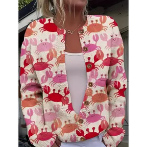 Women's Casual Cardigan Sweater - Vibrant Crab Print, Button-Up Front, Long Sleeve Round Neck, Soft Fabric, Playful Pattern, Durable Buttons,  Spring/Fall Wear, Cute Sweater for Everyday Outfits, Sweater Cardigan, Durable B Knitwear Womenswear