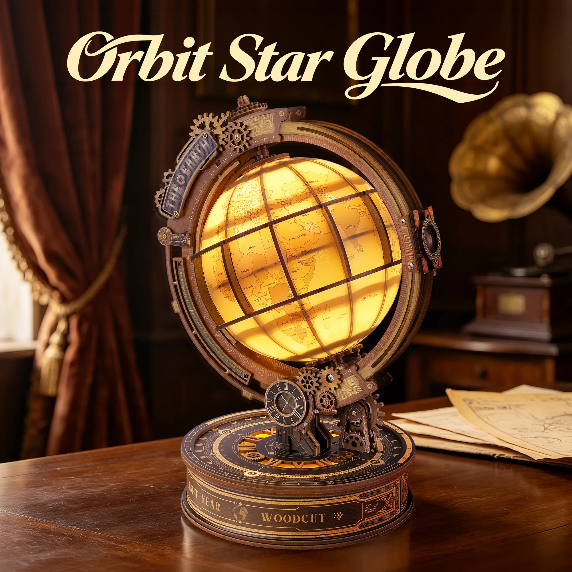 【New Arrival】FUNPOLA Star Orbit Globe LED 3D Wooden Puzzle Kit, DIY Rotating Globe Model with Warm Light, Steampunk Desk Décor Gift for Adults and Teens