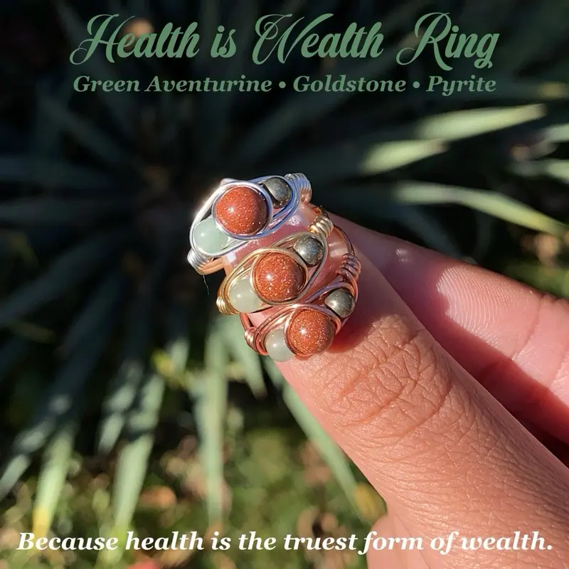 Health Is Wealth Ring Goldstone Green Aventurine Pyrite Crystal Wellness Vitality Healing Energy Jewelry for True Wealth