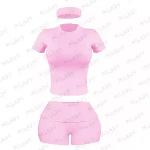 Two-Piece Set Women's Solid Round Neck plain Tee & Biker Shorts Sportswear Set for Gym Workout Running Breathable Athletic Wear for Summer Fitness Training With matching headband