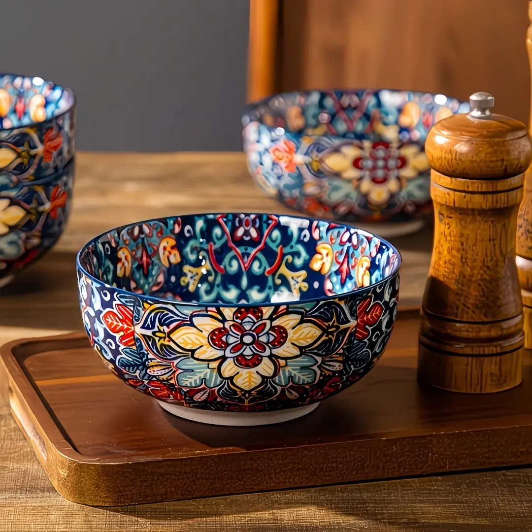 Bohemian Style Ceramic Bowl Set of Four, Microwave & Dishwasher Safe, Elegant Round Bowls for Noodles, Salads, Oatmeal, Party, Dinner, Daily Use, Soup Bowls