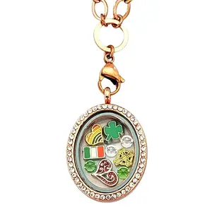 Rose Gold Crystal Face Magnetic Oval Irish Locket Pendant Necklace Celtic Cross 4 Leaf Clover Rhinestones Rainbow Heart St. Patrick's Day