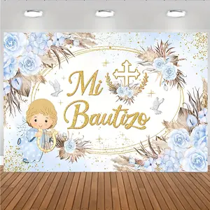 2D plane of angel god blessing baptism banner, elegant blue and gold baptism background, with roses, pigeons and stars, suitable for first communion, teenagers, multi-functional wall decorations, Room Decor Banner