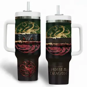 House of the Drag0n Tumbler 40oz – Targaryen Dragon Sigil Travel Mug, GOT Inspired Insulated Stainless Steel Cup with Handle & Straw, Gift for Fans