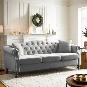 Eyisean 79" Velvet Chesterfield 3-Seater Sofa, Modern Tufted Couch with Rolled Arms & Nailhead Trim, Deep Seat Sofa with Removable Cushion, Upholstered Cloud Couch for Living Room, Apartment