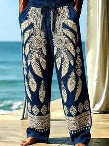 Men's Ethnic Boho Print Linen Pants, Loose-Fitting Long Beachwear, Holiday Style, All Seasons, Casual Men's Trousers