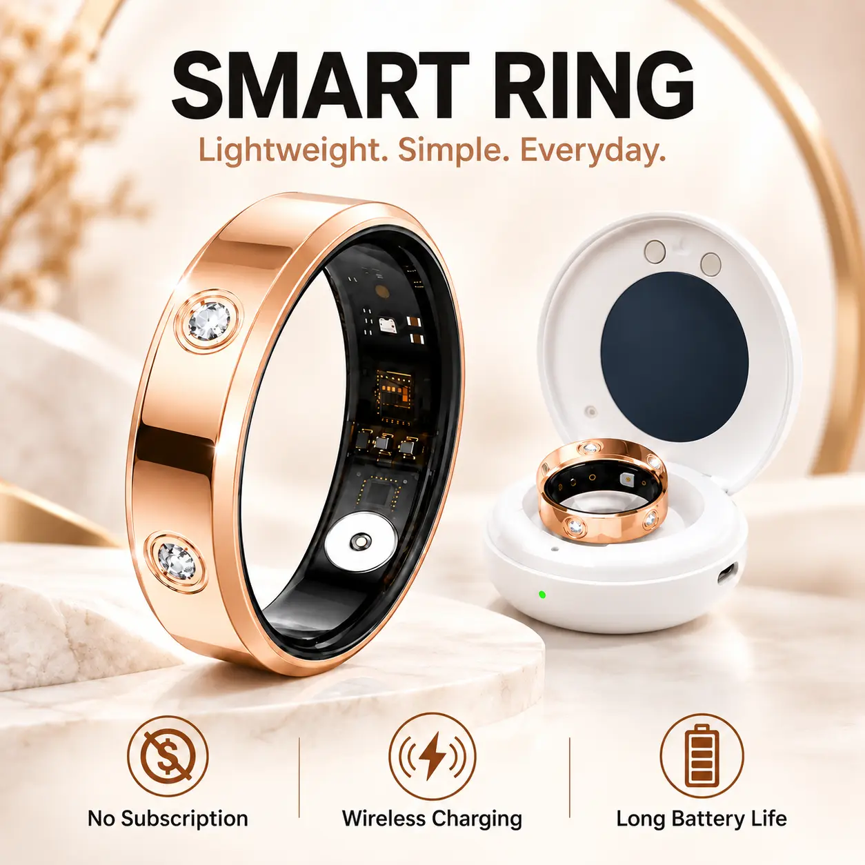Round Stainless Steel Smart Ring with Camera - Fitness & Sleep Tracker, Pedometer, Calorie Tracker, IP68 Waterproof, No Subscription, Wireless Charging Case, Android & iOS Compatible, Modern Design for Adults