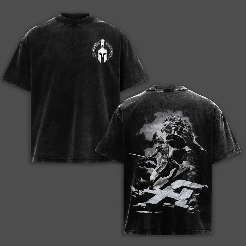Men's Graphic T-shirt with Vintage Spartan Lion Print, Heavyweight Washed Cotton Oversized Streetwear Apparel with Ribbed Neckline, Tshirt, Top, Shortsleeve, Round Neck, Soft, Tops, Menswear