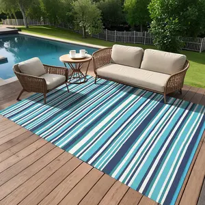 Outdoor Rug Geometric Reversible Plastic Straw Outdoor Rugs Colorful Striped Outdoor Carpet UV Resistant Portable Large Modern Rug for Camping Beach Porch RV Deck, Navy Blue Teal