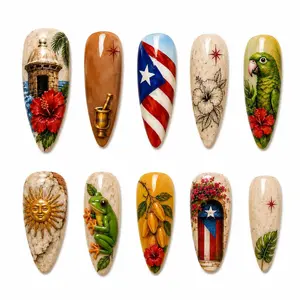 Puerto Rico Coqui Frog Parrot Hibiscus Flag Art Press On Nails