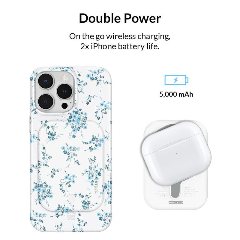 Velvet Caviar French Blue Floral MagSafe Battery Power Pack - Fast Charging Extra Power, Strong Magnetic Grip Compatible iPhone Wireless Chargers