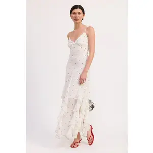 Elegance Ruffled Wrap Maxi Dress with Cross Back - Sheer Polka Dot Print Formal Women's Wear in Polyester Fabric Spaghetti Strap Sleeveless Summer Basic Minimalist Skirt