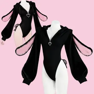 Cute Bunny Bodysuit Cardigan Zip Up Hoodies Cosplay Costume Womenswear with Pink Ears and Heart Pendant Clothes