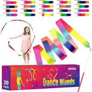 20 Pack Ribbon Dancer Wands for Kids, Rainbow Streamers, Party Favors Goodie Bags Stuffers, Girls Birthday Gifts for Dance Gymnastics Pretend Play Princess Cat