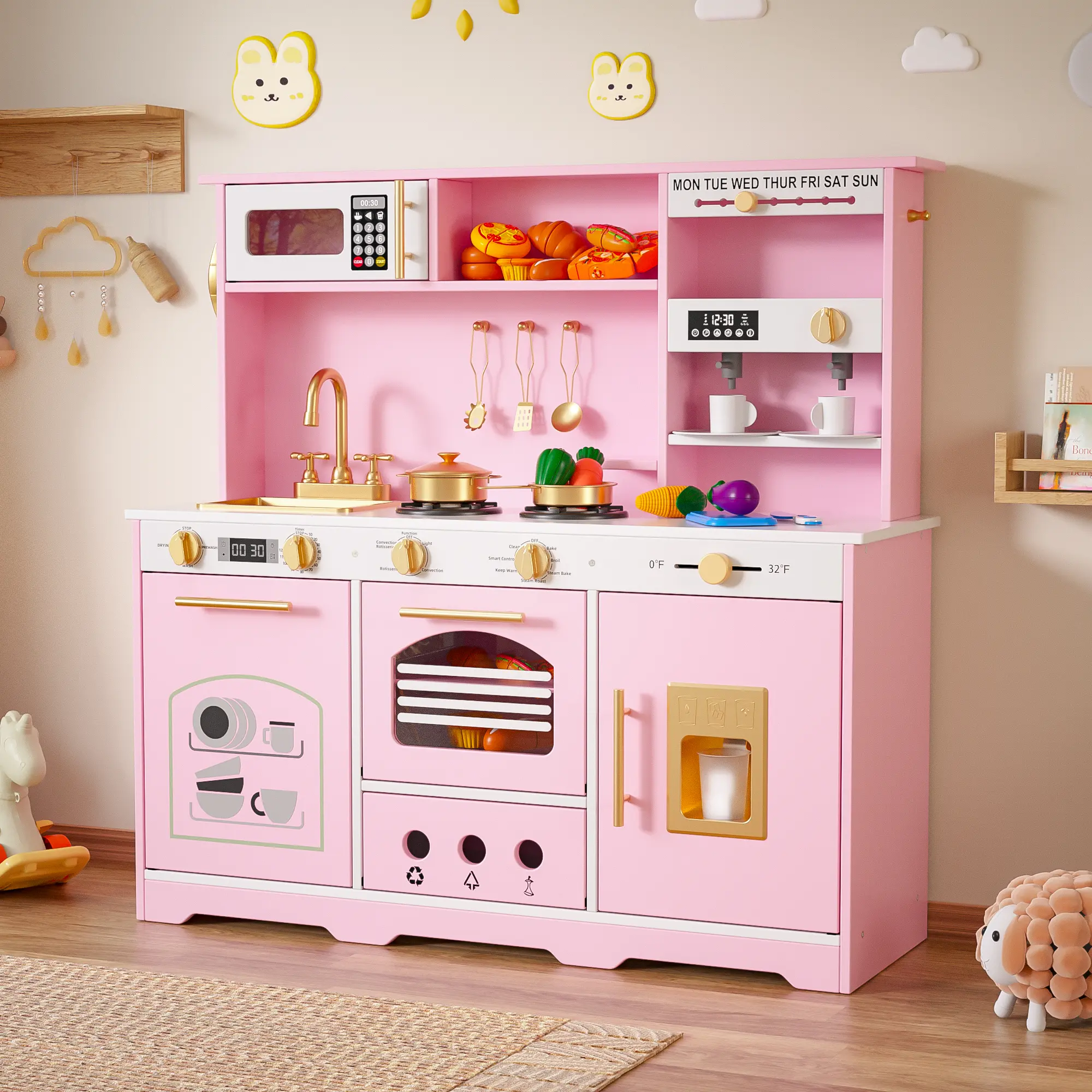 Play Kitchen for Kids Pretend Play Kitchen with 21 Pcs Toys Wooden Play Kitchen Set for Ages 3+ White & Gold Play Kitchen for Kids Pretend Play Kitchen with 21 Pcs Toys Wooden Play Kitchen Set for Ages 3+ White & Gold