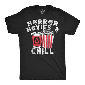 Mens Funny T Shirts Horror Movies And Chill Sarcastic Halloween Movie Graphic Novelty Tee For Men Mens Funny T Shirts Cool Vintage Fashion T-Shirt Gift Classic Menswear Halloween Apparel for Men Funny Movie Black -