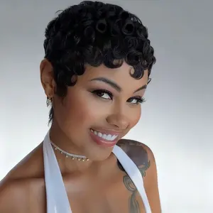 USEXY Short Pixie Cut Egg Wavy Curly Black Colorful Wig 100% Human Hair for Black Women Daily Party Use Comfortable & Versatile Style