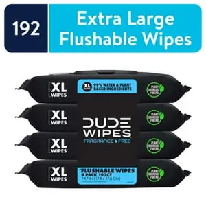 DUDE Wipes Unscented XL Flushable Wipes, 4 Flip-Top Packs, 48 Wipes per Pack, 192 Total Wipes