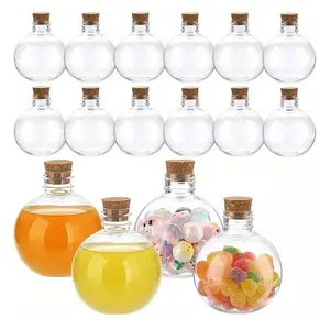 Spherical plastic sand painting bottles, spherical transparent plastic potion bottles, Christmas cocktail decoration balls, spherical plastic potion bottles with corks, transparent sand painting containers with 5 mini funnels, suitable for party drinks