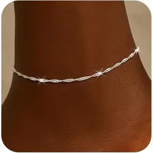 Ankle Bracelets for Women Trendy 14K Silver Plated Anklets for Women Waterproof Dainty Twist Cuban Link Satellite Bead Chain Anklets Non Tarnish Summer Beach Adjustable Anklet Jewelry Gift