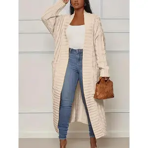 Plus Size Solid Color Cable Knit Cardigan, Casual Open Front Long Sleeve Cardigan for Fall & Winter, Women's Plus Size Clothing Can be used with raincoat