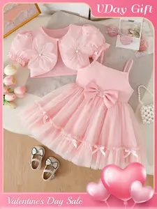 Toddler outfit, Valentine's Day set, baby girl's clothing, Baby Girl Clothes, baby girl pink fairy dress set, flower pearl shawl+big bow+multi-layer mesh skirt, baby girl birthday gift, Valentine's Day gift, suitable for travel, school, daily wear